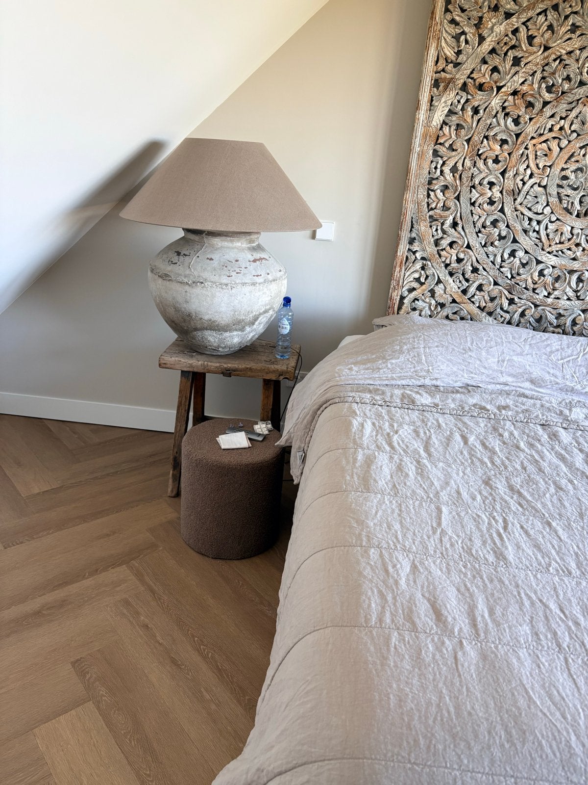 Unieke kruiklamp met linnen kap - Landelijke stijl, Ophalen, Beige, Landelijk, Zo goed als nieuw