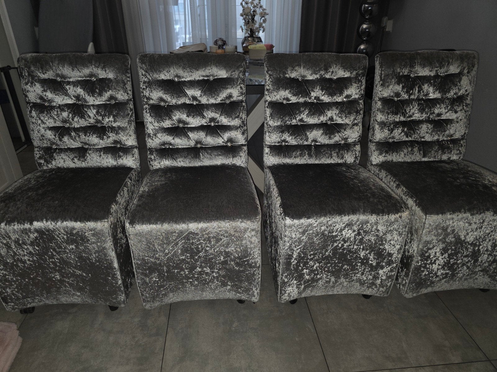 velvet eetkamerstoelen (zilver/grijs), Ophalen, Gebruikt, Vier, Luxe, Modern, Glamour