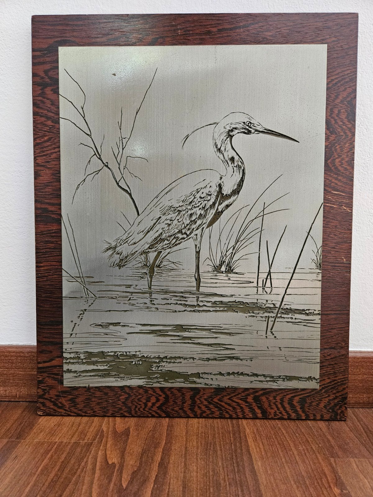 Antieke etsplaat met reiger afbeelding, Antiek en Kunst, Kunst | Etsen en Gravures, Ets, Origineel, Flora en Fauna, 1900 - 1949