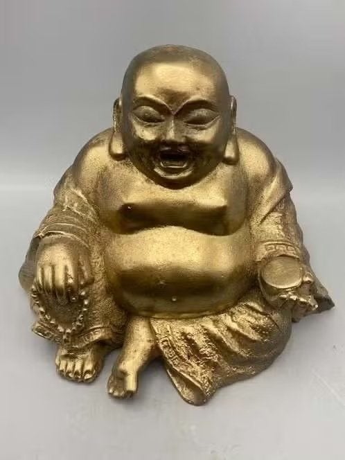 Bronzen Happy Boeddha chroomgoud – Thailand – 14 cm, Metaal, Ophalen of Verzenden, Zo goed als nieuw, Nvt