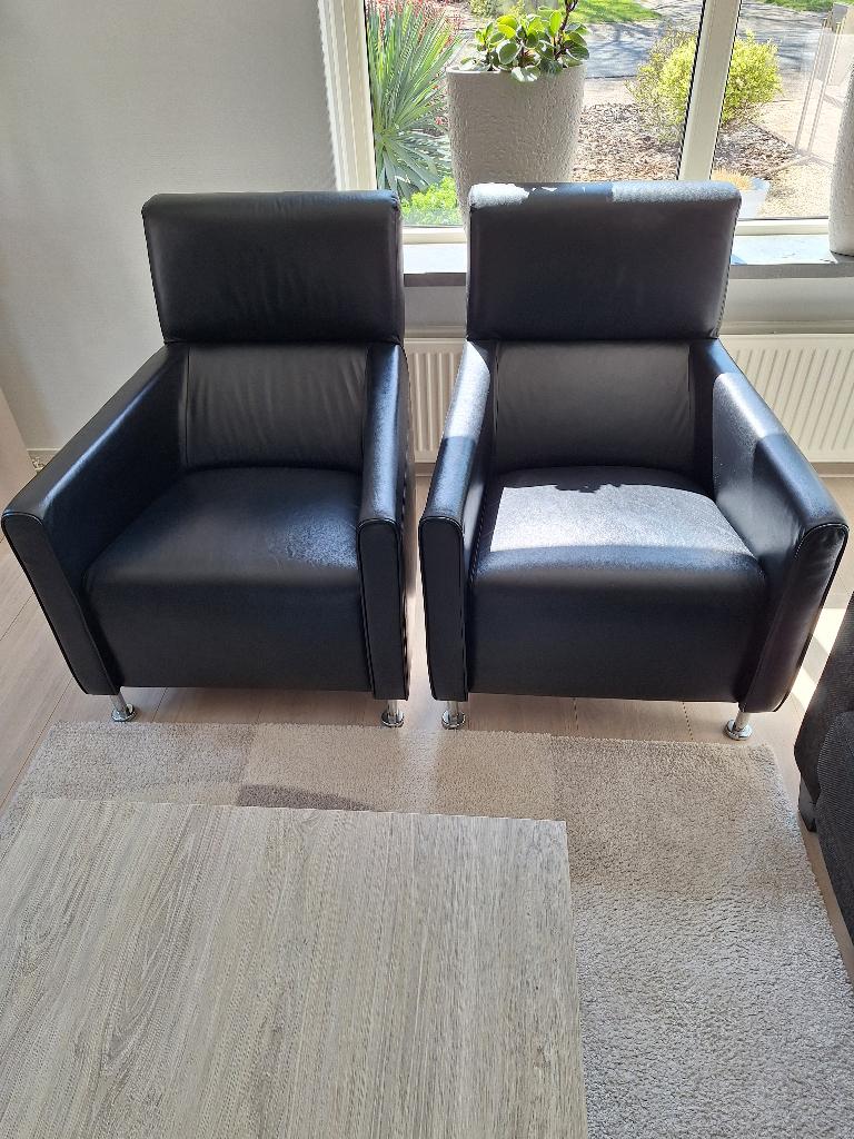 2 zwart leren fauteuils, Ophalen, Gebruikt, 75 tot 100 cm, Leer