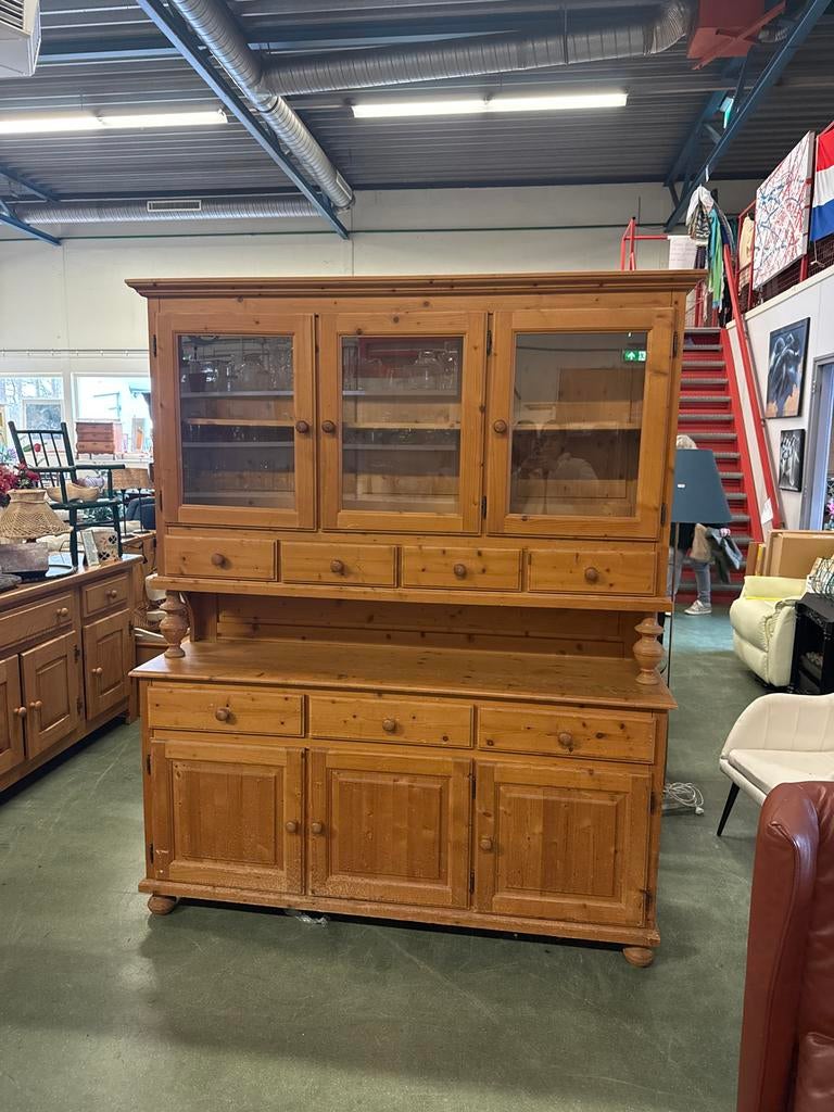 Buffetkast grenen met glas en lades 160 breed, Ophalen, Gebruikt, 100 tot 150 cm, 200 cm of meer