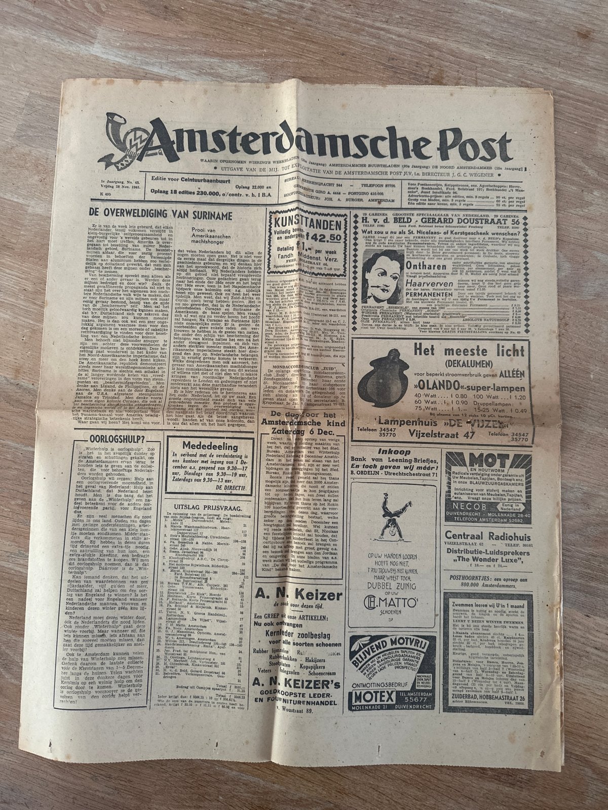Amsterdamsche Post - Krant van 28 november 1941, Ophalen of Verzenden, Gelezen, Krant