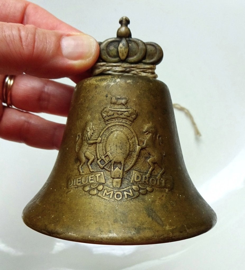 Oud Engelse koperen tafelbel / winkelbel: kroon + wapen, Ophalen of Verzenden, Koper