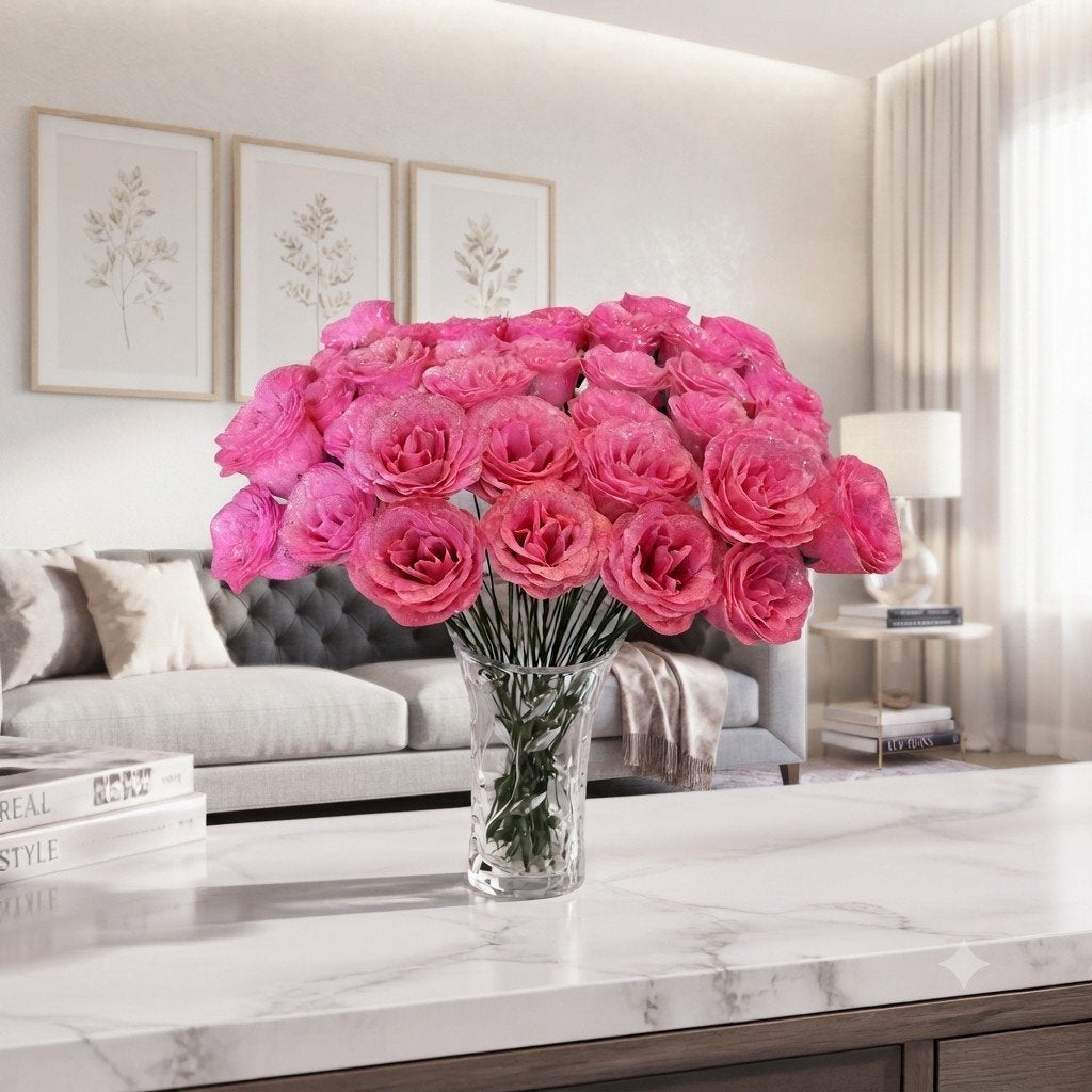 47 Roze Glitter Kunstrozen op Steel - Decoratieve Bloemen, Overige stijlen, Roze, Ophalen of Verzenden, Zo goed als nieuw
