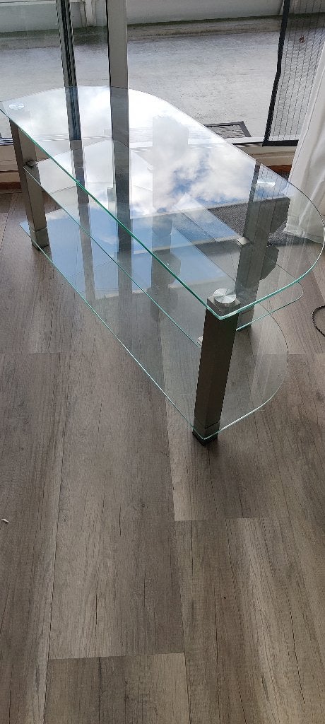 TV meubel glas, Ophalen, 100 tot 150 cm, Glas, Zo goed als nieuw