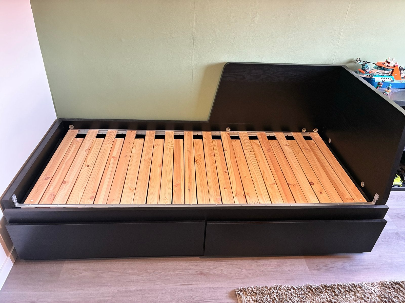 IKEA Flekke bedbank met lades en lattenbodem, Ophalen, Verstelbaar, Eenpersoons, Zwart