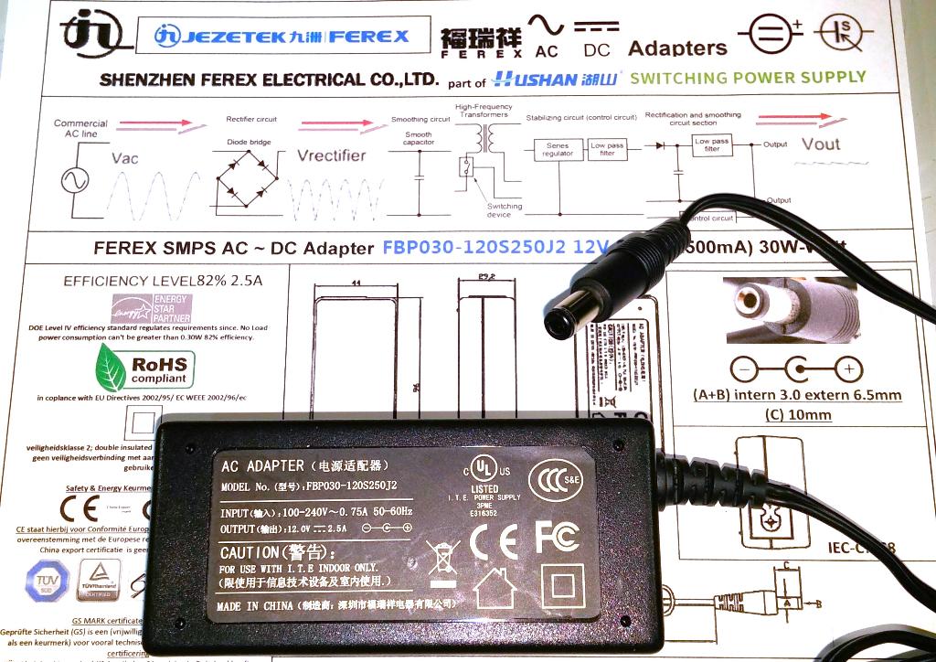 FEREX FBP030-120S250J2 12V 2.5A 30W Adapter Lader 6.5*3.0
