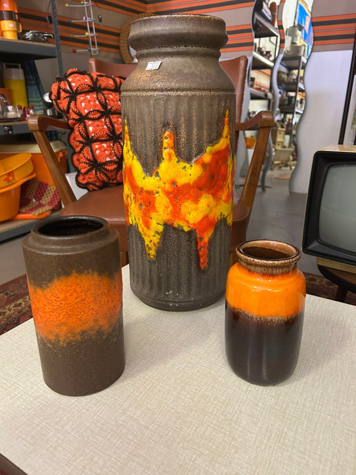 Vintage jaren 70 grijs oranje met gele west germany vaas, Ophalen of Verzenden, Huis en Inrichting