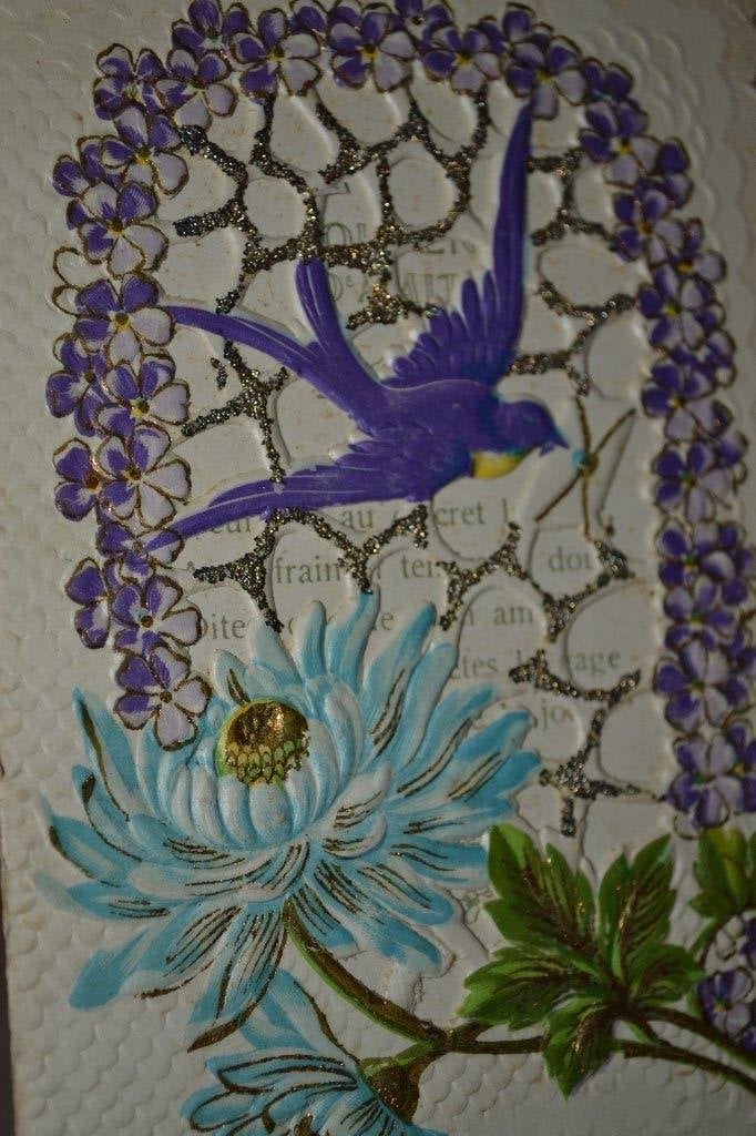 frankrijk 1900 relief viooltjes vogel zwaluw blauwe bloem, Ophalen of Verzenden, Voor 1920, Sterren en Beroemdheden