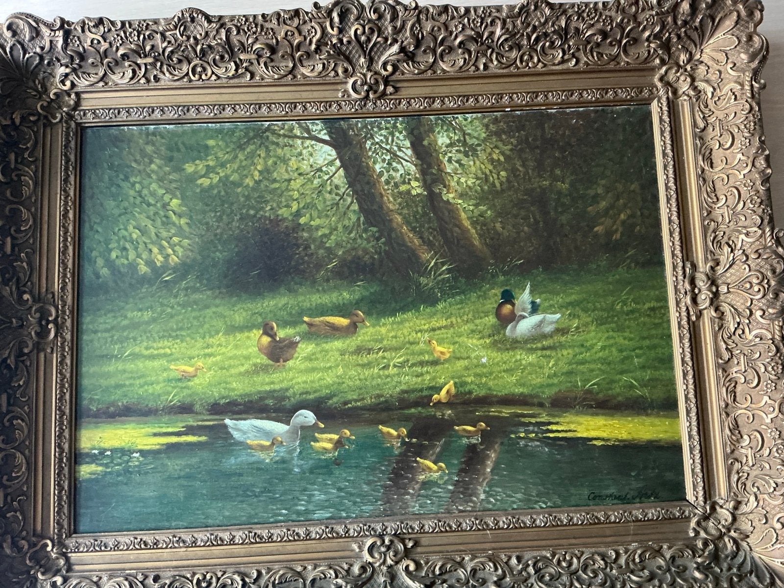 Schilderij met eendjes, gesigneerd Constant Artz (imitatie), Ophalen, Doek, Realistisch, Dieren