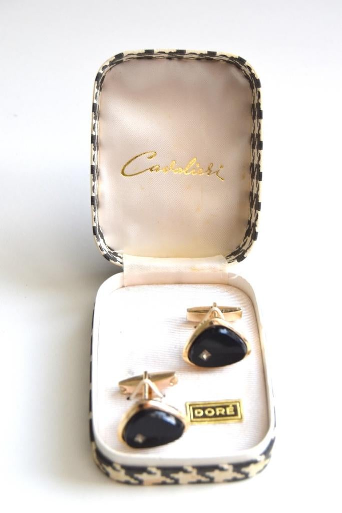 Vintage 'verguld' gouden manchetknopen met zwarte edelsteen, Verzenden, Zo goed als nieuw, Overige materialen, Verguld
