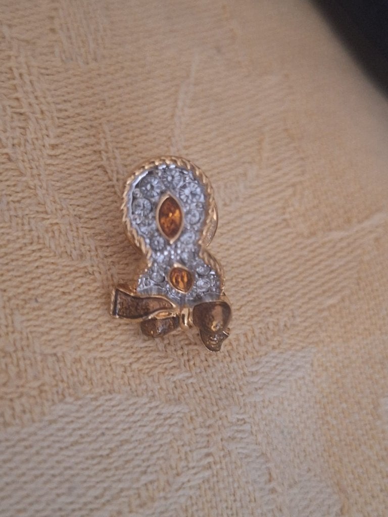 Goudvergulde broche met strass en oranje edelstenen, Minder dan 4 cm, Zo goed als nieuw, Goud, Goud