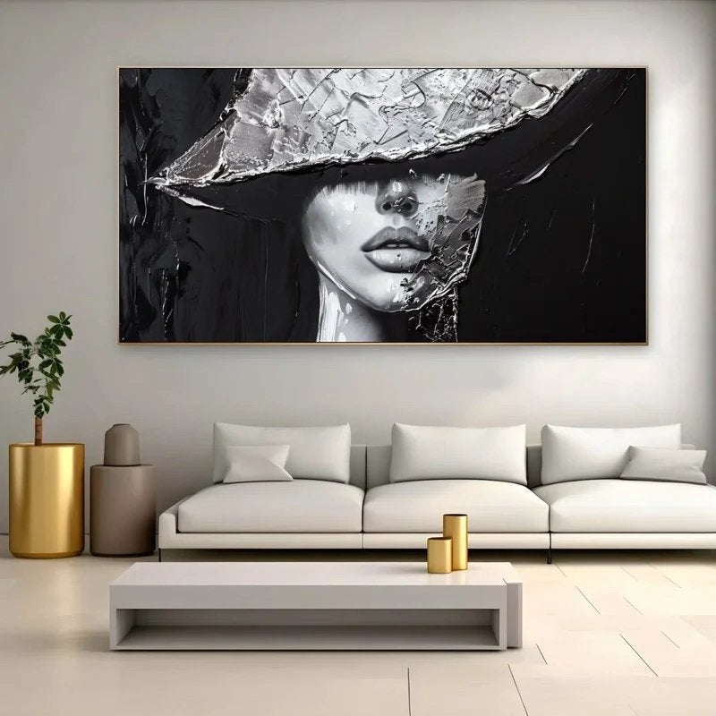 Geheim gezicht - Mysterieus zwart-wit canvas schilderij, Antiek en Kunst, Kunst | Schilderijen | Modern, Ophalen, 3D-effect, Print