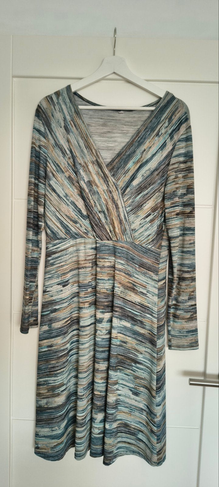 Jurk blauw/groen met overslag, leuk met spijkerjasje, Ophalen of Verzenden, Gedragen, Groen