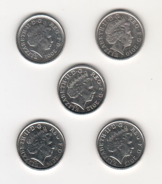 5x 5 pence Verenigd Koninkrijk 2001-2014 (M 271), Ophalen of Verzenden, Overige landen