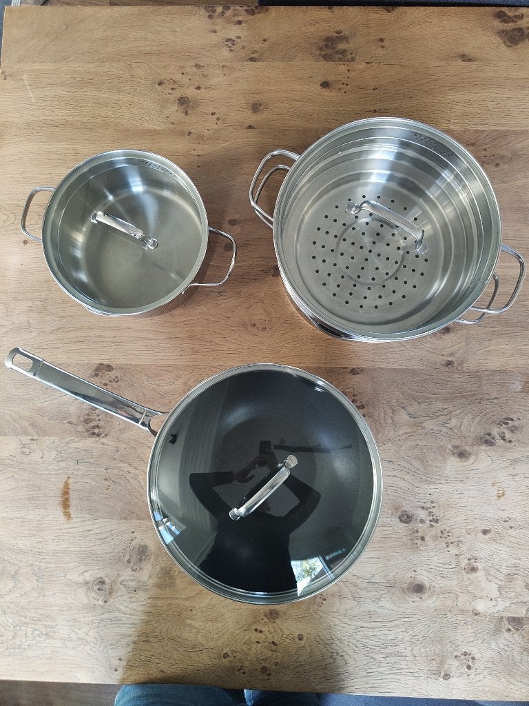 MasterChef pannenset – 3 pannen met deksels en stomer, Ophalen, Geschikt voor inductie, Pannenset, Zo goed als nieuw