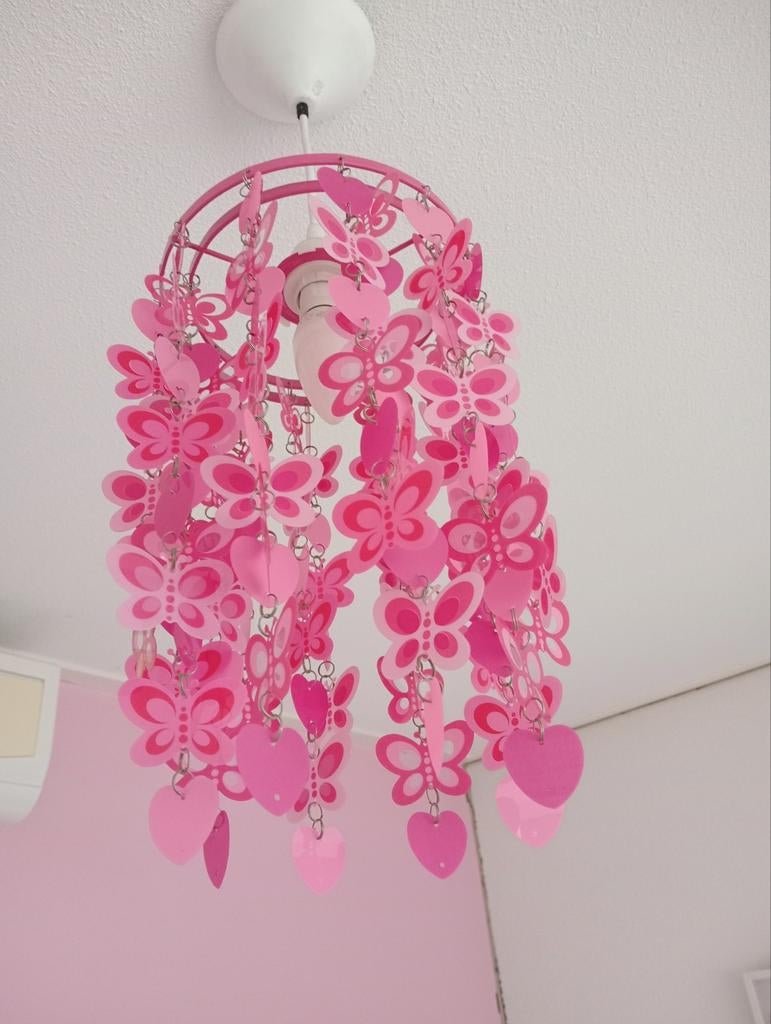 Hanglamp, roze met hartjes en vlinders, Ophalen, Zo goed als nieuw, Lamp