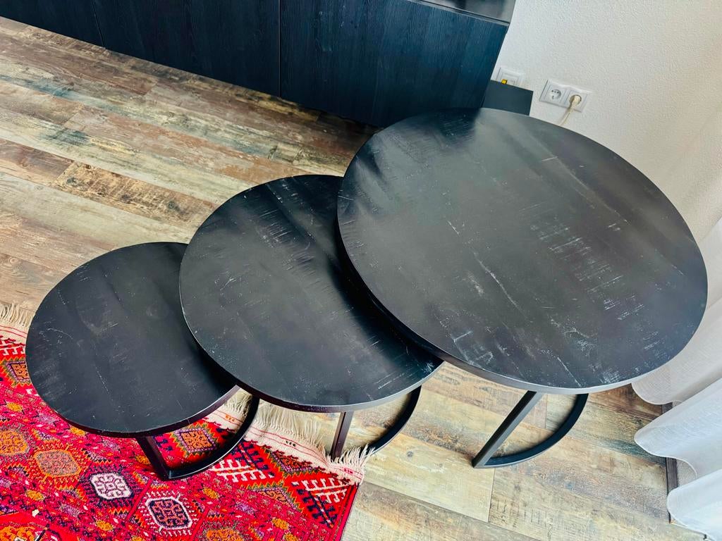 Zwart salontafel 3 stuks, Huis en Inrichting, Tafels | Salontafels, Gebruikt, Rond, Minder dan 50 cm, Overige houtsoorten