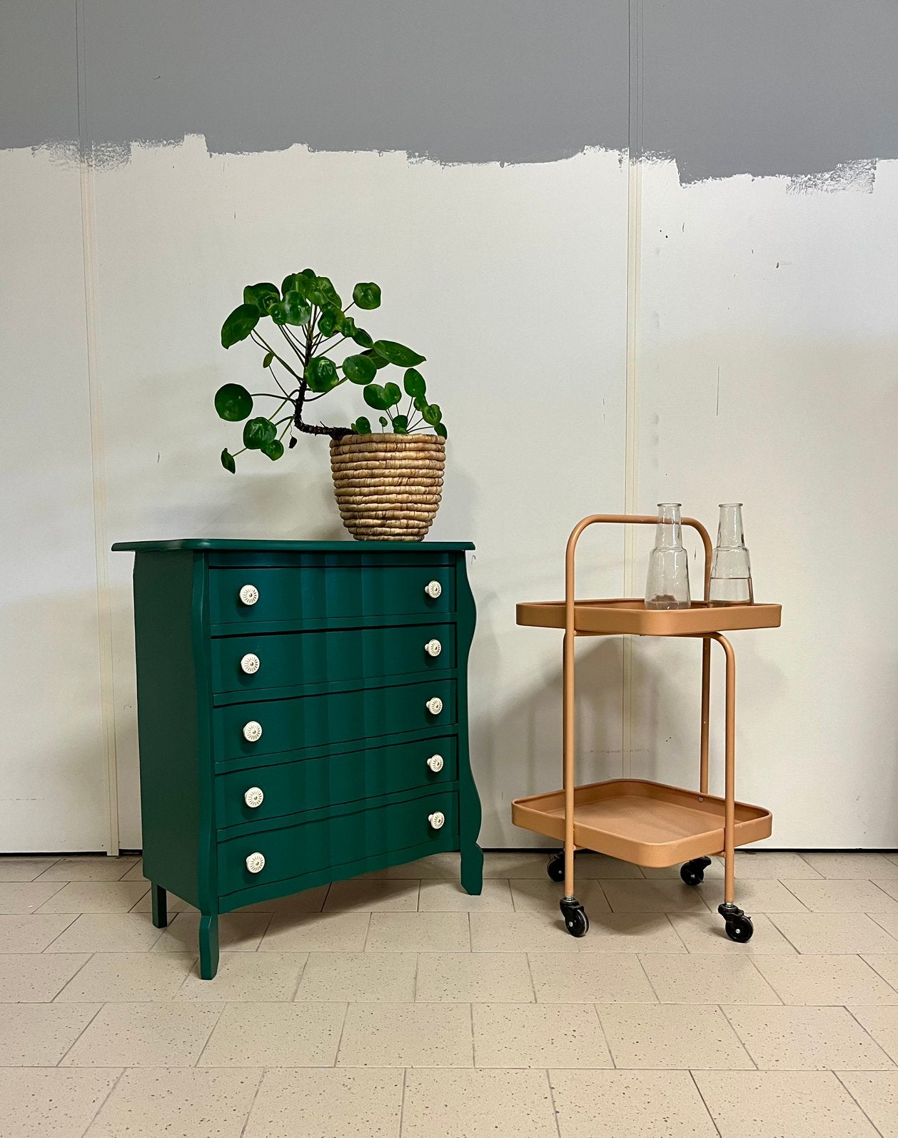 Mooi oud kastje | donkergroen 5 ladekastje, Huis en Inrichting, Ophalen, 50 tot 100 cm, 3 of 4 laden, Minder dan 100 cm