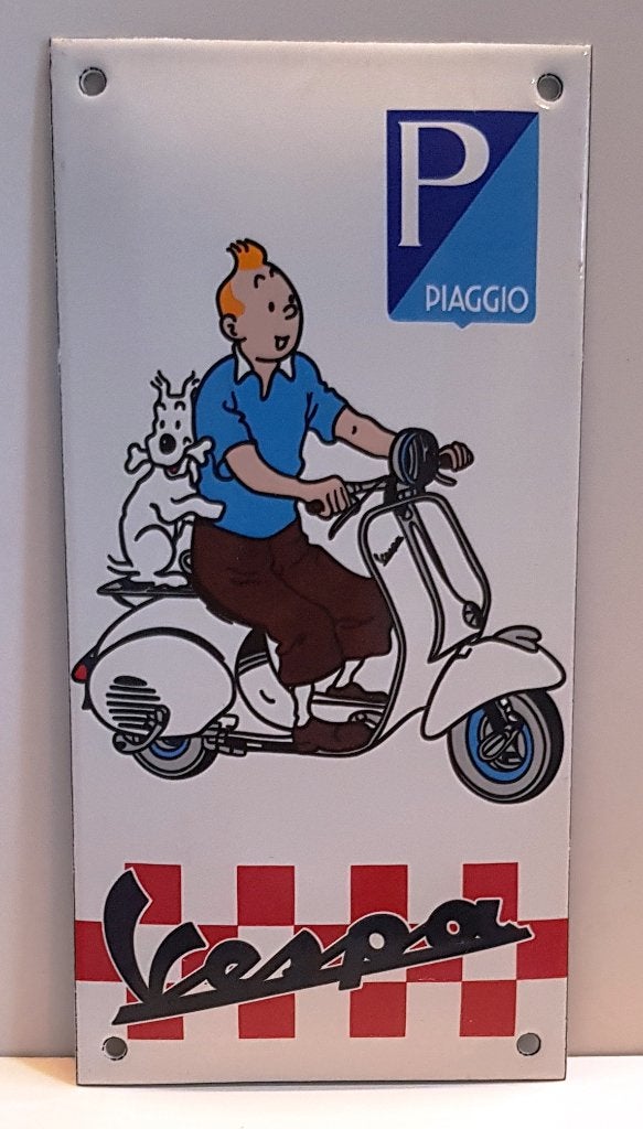 Kuifje en Bobby met een Vespa "PIAGGIO Vespa Garage", Verzenden, Nieuw, Reclamebord