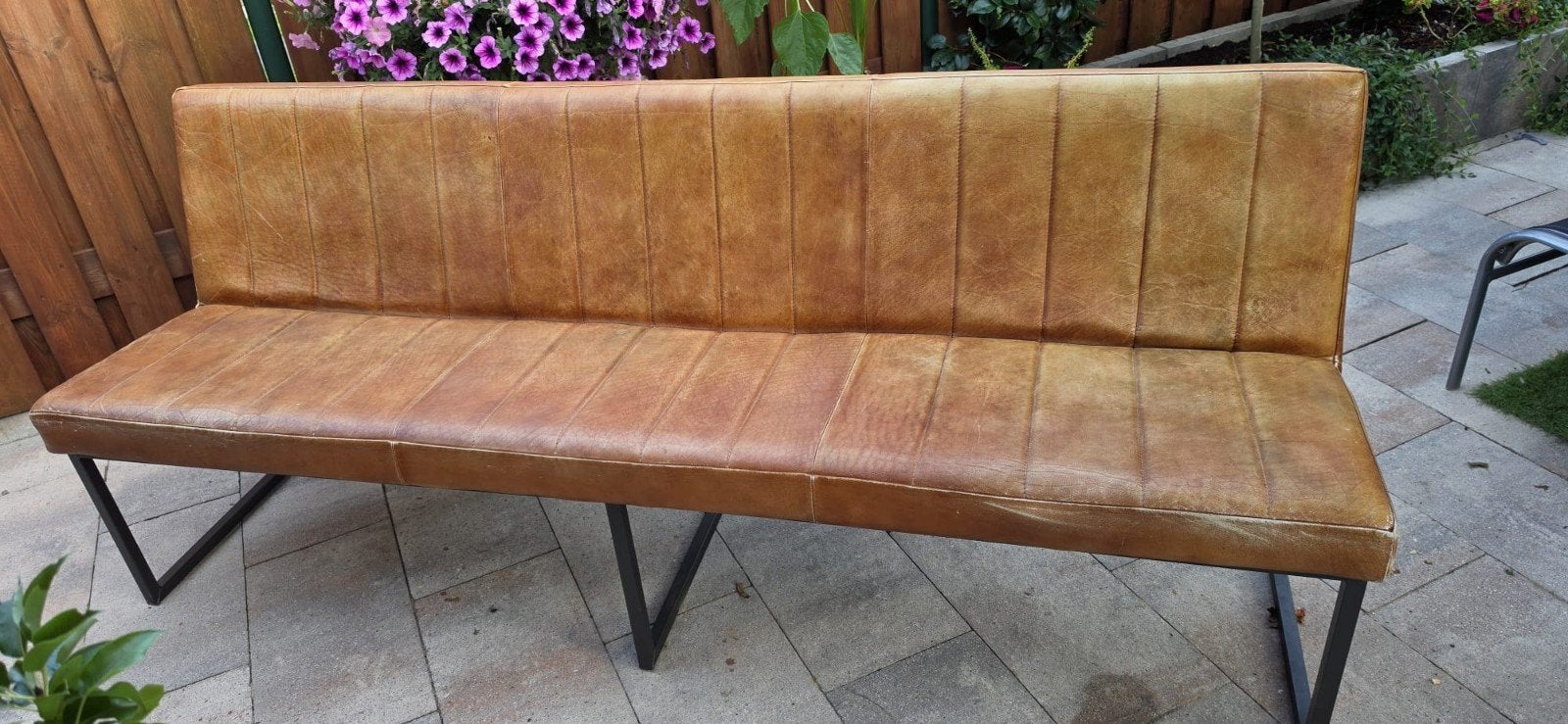 Leren bank van buffelleer - 220 cm lang, Huis en Inrichting, Banken | Bankstellen, Ophalen, Gebruikt, Rechte bank, 200 tot 250 cm