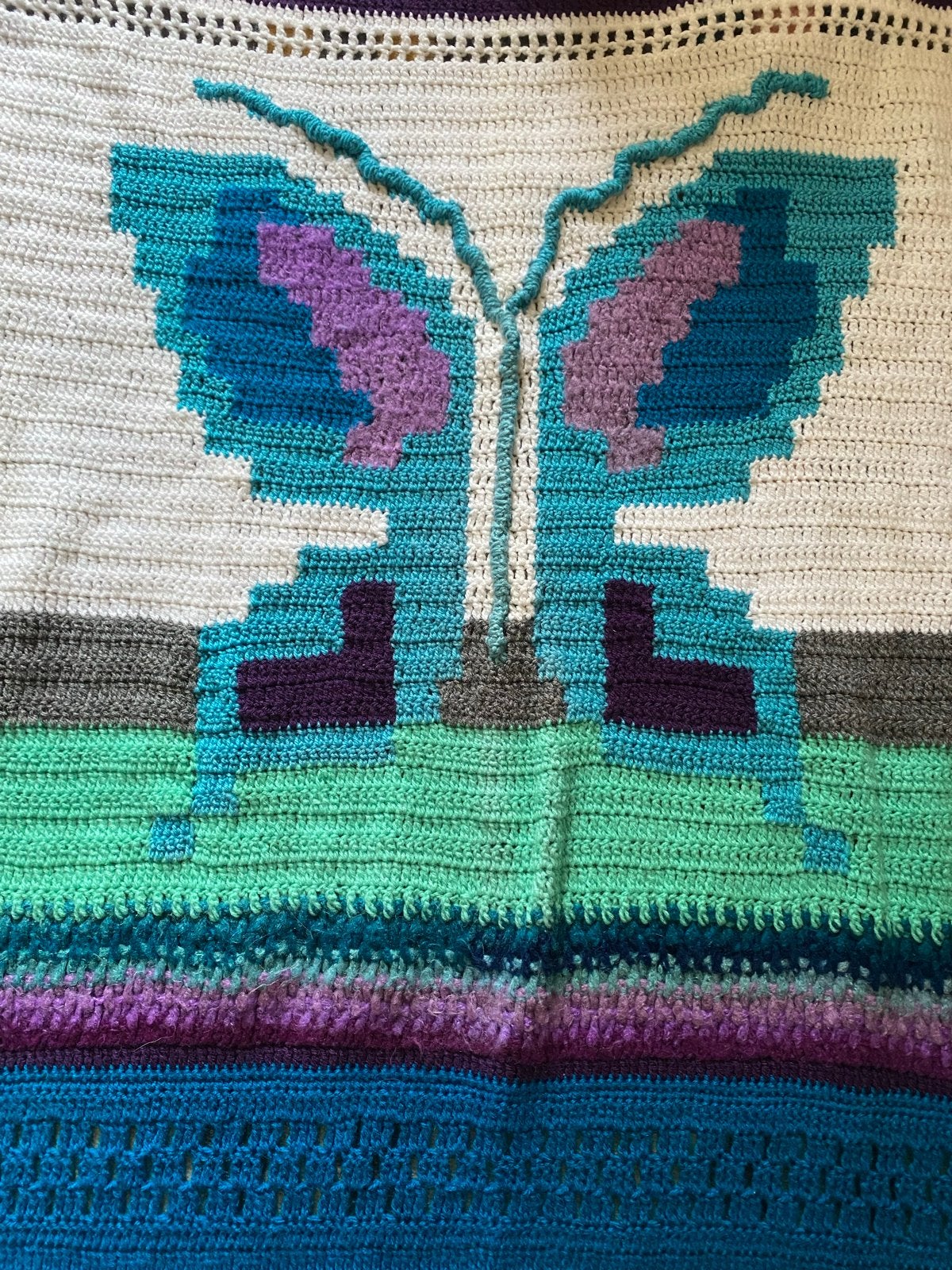 Vintage jaren '70 gehaakt sprei met vlinder 120x160, Vintage, Gebruikt, Meerkleurig, Ophalen of Verzenden