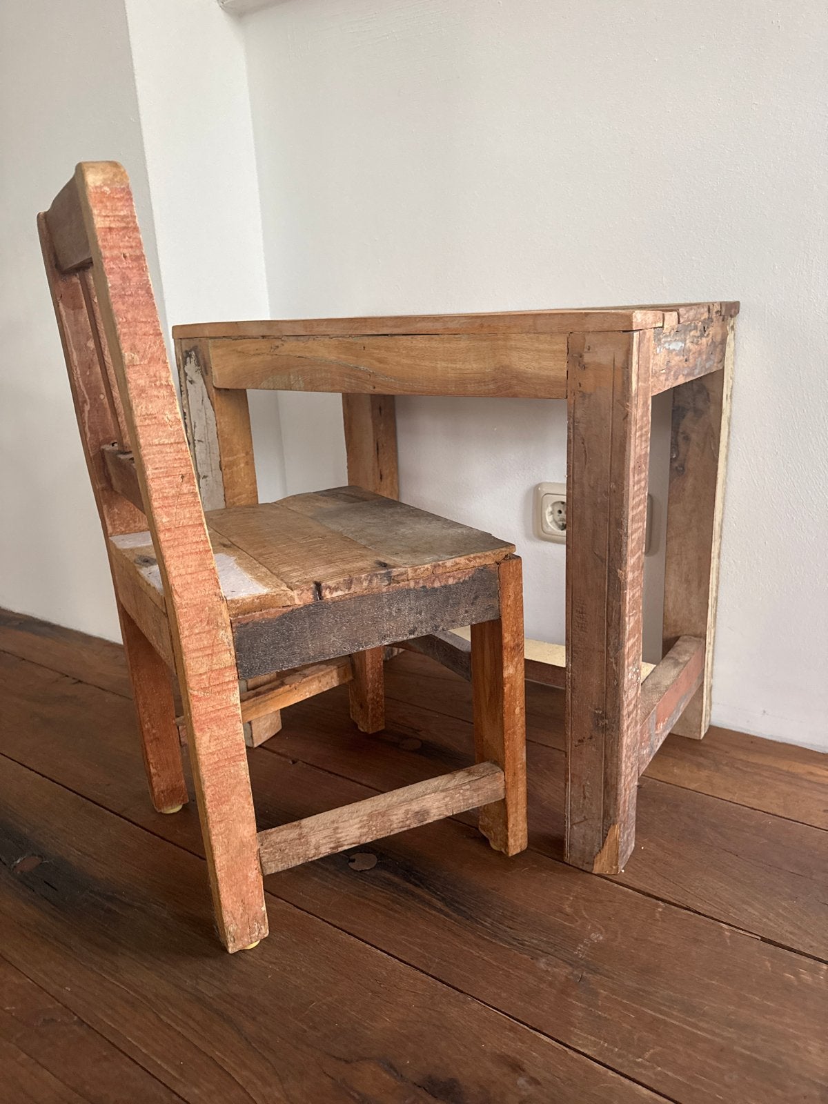 Unieke Teak Houten Kinderstoel en Tafeltje Set, Ophalen, Gebruikt, Tafel(s) en Stoel(en)