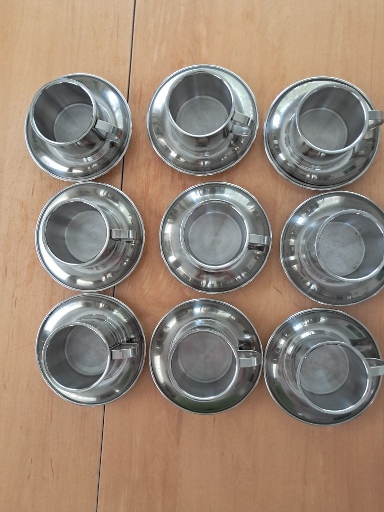 Koffie kopjes met schotels van RVS, aantal 9., Ophalen, Overige materialen, Zo goed als nieuw, Overige stijlen