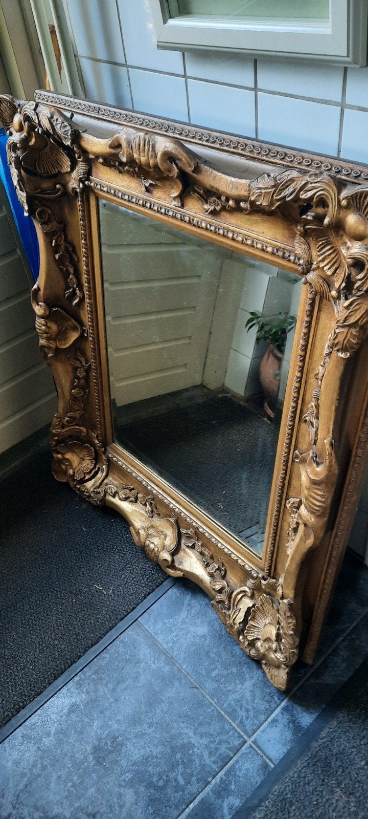 Grote Antieke Gouden Spiegel met Rijkelijk Versierde Lijst, Antiek en Kunst, Ophalen, Rechthoekig, 50 tot 100 cm, 100 tot 150 cm