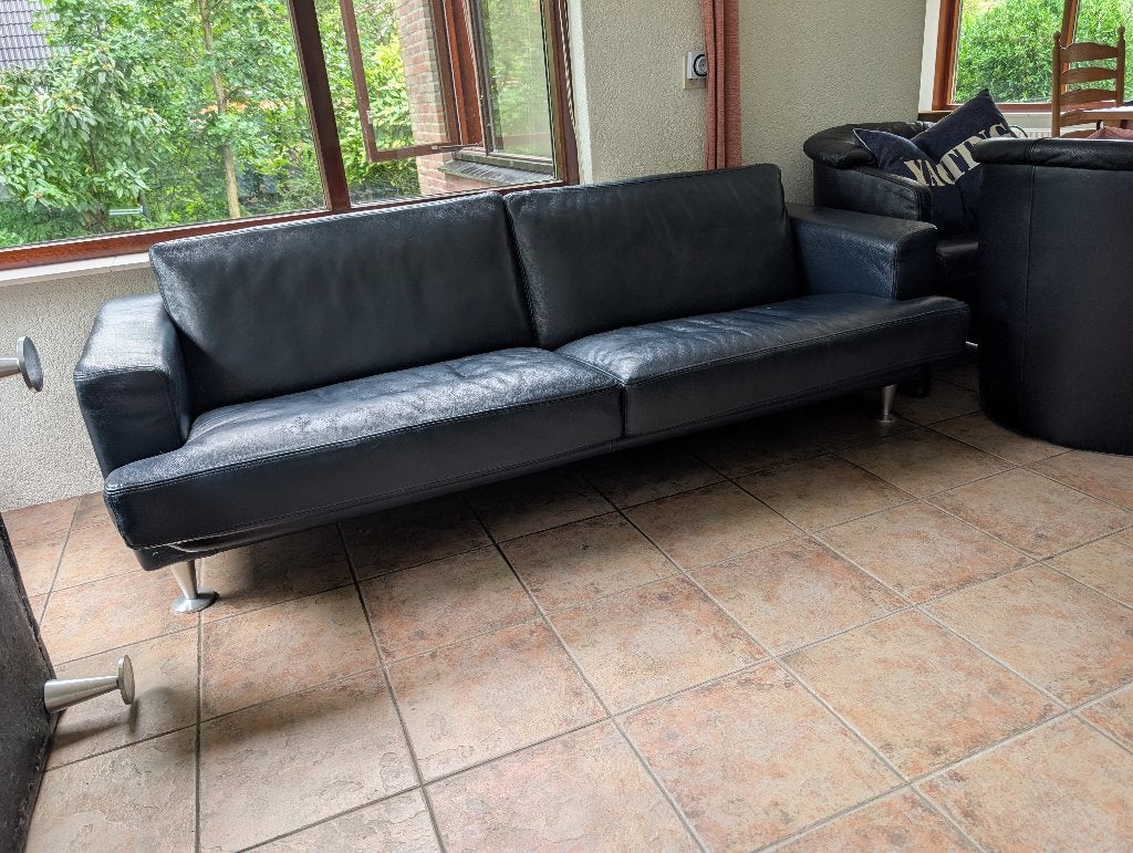 Set van 2 leren 2.5-Zits kwaliteitsbanken (Donkerblauw), Huis en Inrichting, Banken | Bankstellen, Ophalen, Gebruikt, 150 tot 200 cm