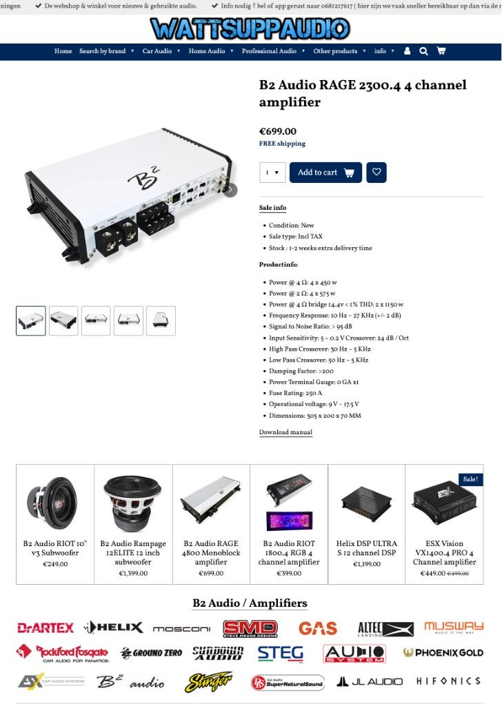 B2 Audio RAGE 2300.4 4 kanaals versterker 4x575W RMS !, B2, ., Nieuw, Ophalen of Verzenden