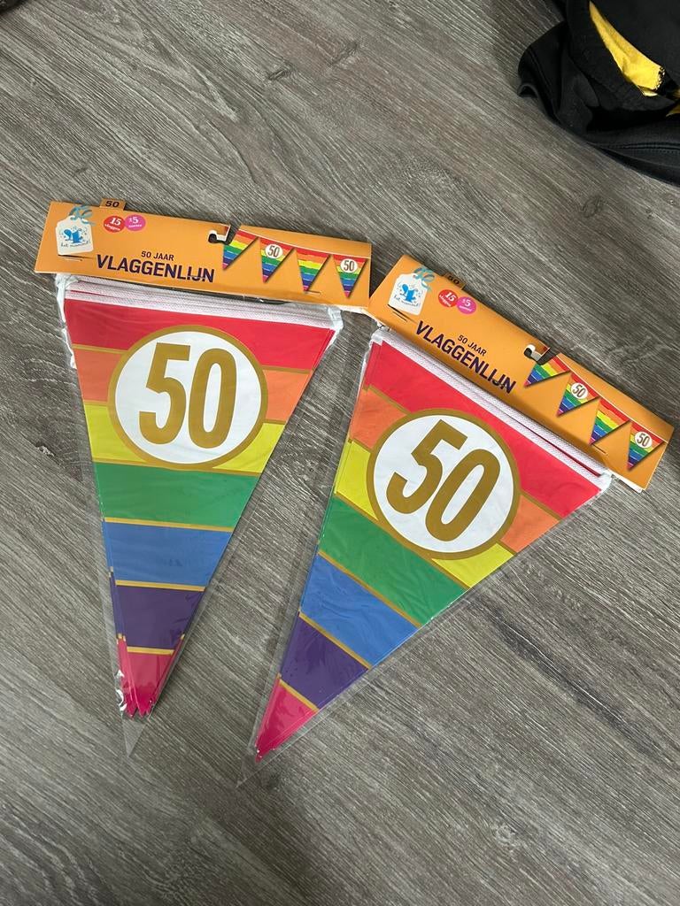 Vlaggenlijn regenboog 50 jaar / 10 meter & 30 vlaggen, Hobby en Vrije tijd, Feestartikelen, Ophalen of Verzenden, Zo goed als nieuw