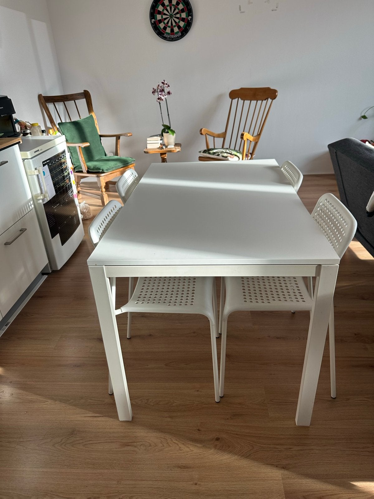 Ikea Melltorp/Adde eettafel met 4 stoelen wit, Ophalen, 100 tot 150 cm, 50 tot 100 cm, Vier personen