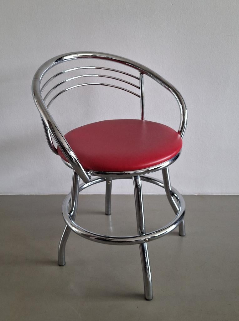 vintage design draai-stoel kuip chroom buis-frame rood skai, Ophalen, Leer, Eén, Rood