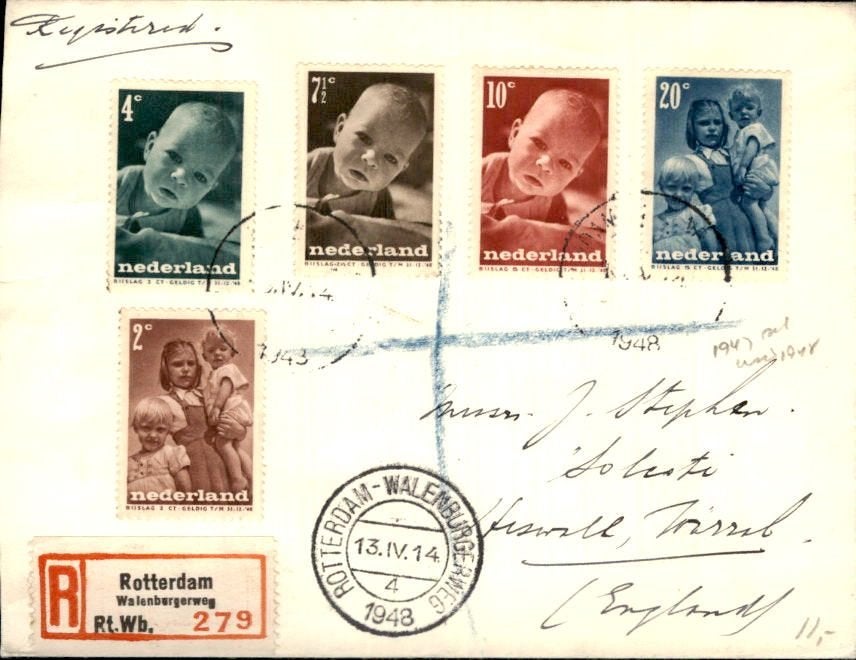 Rotterdam - Aangetekend Walenbergerweg - Kinderzegels -1948, Ophalen of Verzenden, Envelop