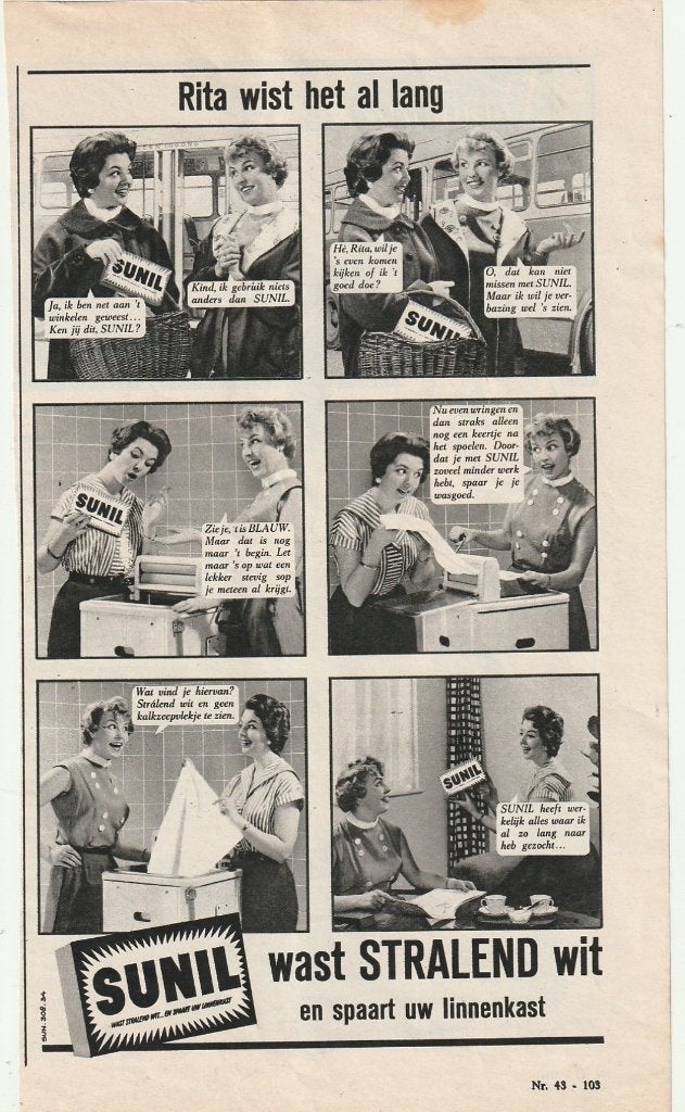 Retro reclame 1958 Sunil wasmiddel Rita wist het, Verzamelen, Verzenden, Overige typen