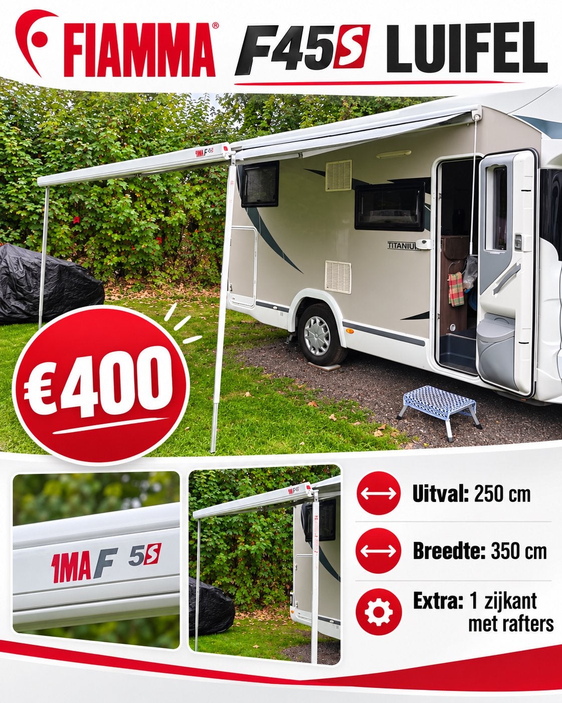 Fiamma F45S Luifel - 350 cm breed, 250 cm uitval, Ophalen, Gebruikt