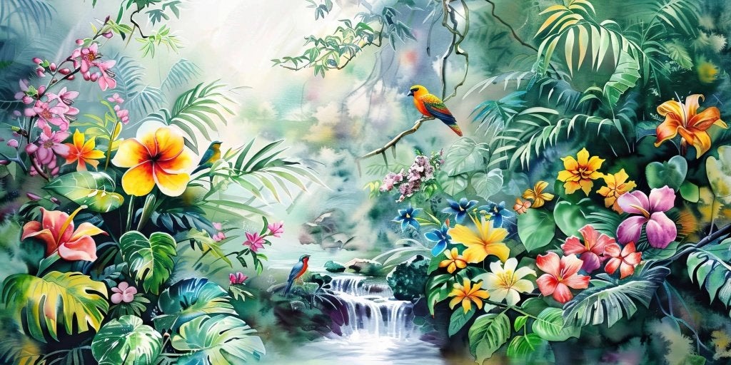 Bloemen behang – tropische tuin met waterval op maat, Bloemen, Natuurlijk, Overige merken, Ophalen of Verzenden