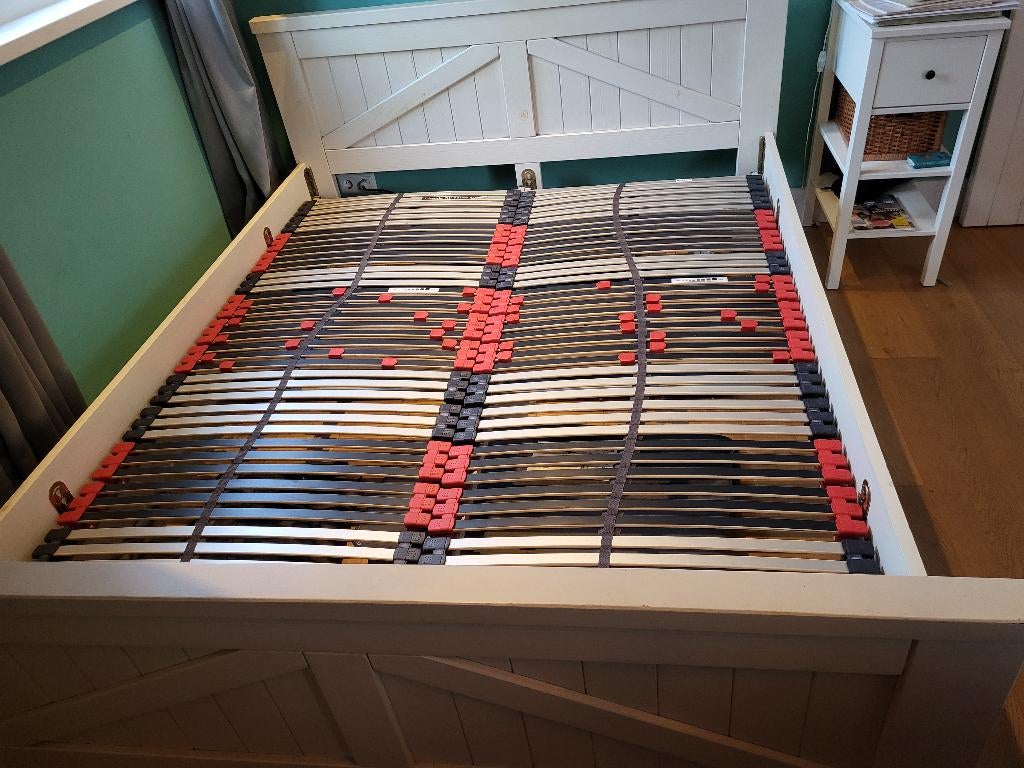 2-persoons bed, Ophalen, Gebruikt, 90 cm, Wit