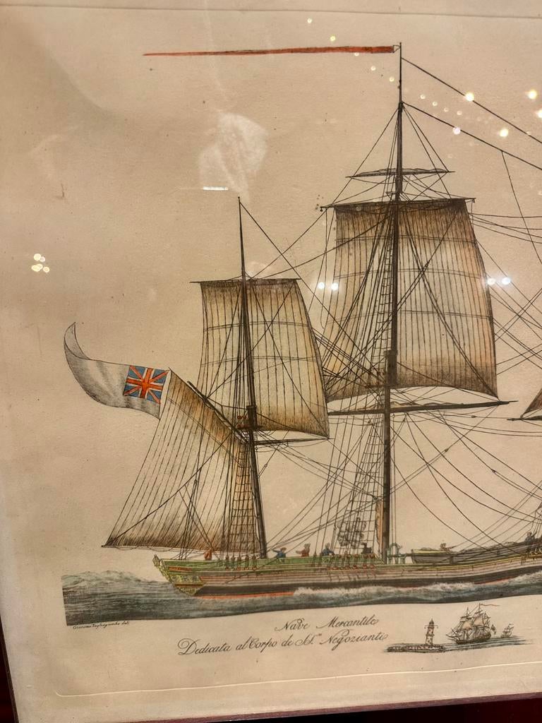 18 eeuws handgekleurd kopergravure, engels koopvaardijschip, Ophalen