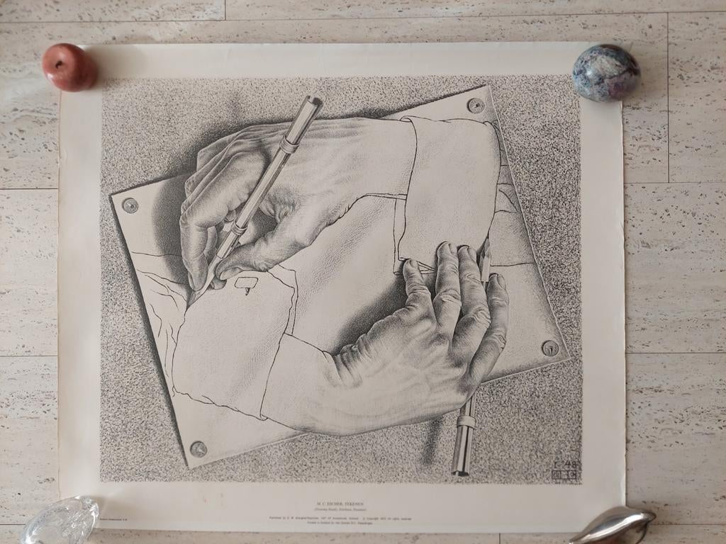 M.C. Escher prent litho poster drawing hands 1974, Antiek en Kunst, Ophalen of Verzenden