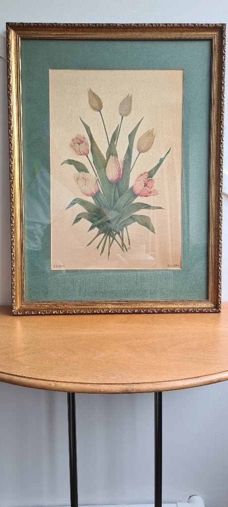 " Tulpen" Schildering op Linnendoek, Antiek en Kunst, Kunst | Schilderijen | Klassiek, Bijzondere lijst, Doek, Klassiek, Batik