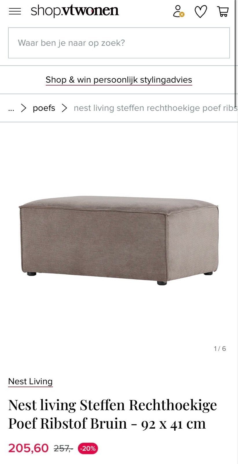 Nest Living Steffen Rechthoekige Poef Ribstof Bruin, Ophalen, Gebruikt, Minder dan 50 cm, 75 tot 100 cm