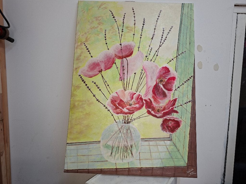 schitterende grote hand geschilderde schilderij met bloemen, Ophalen of Verzenden, Zo goed als nieuw, Schilderij