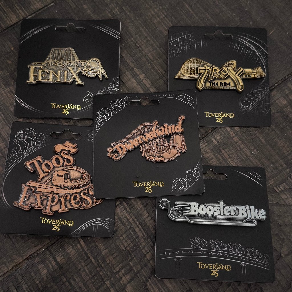 25 jaar Toverland pins rollercoaster day Fenix Troy, Info@toverland.nl, Nieuw, Ophalen of Verzenden, Speldje of Pin