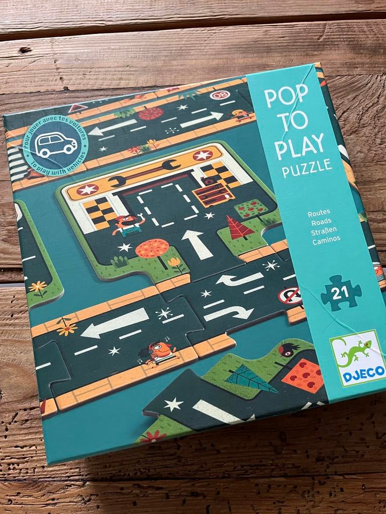 Djeco pop to play puzzel / autobaan - Compleet, Ophalen of Verzenden, 10 tot 50 stukjes, Gebruikt, 2 tot 4 jaar