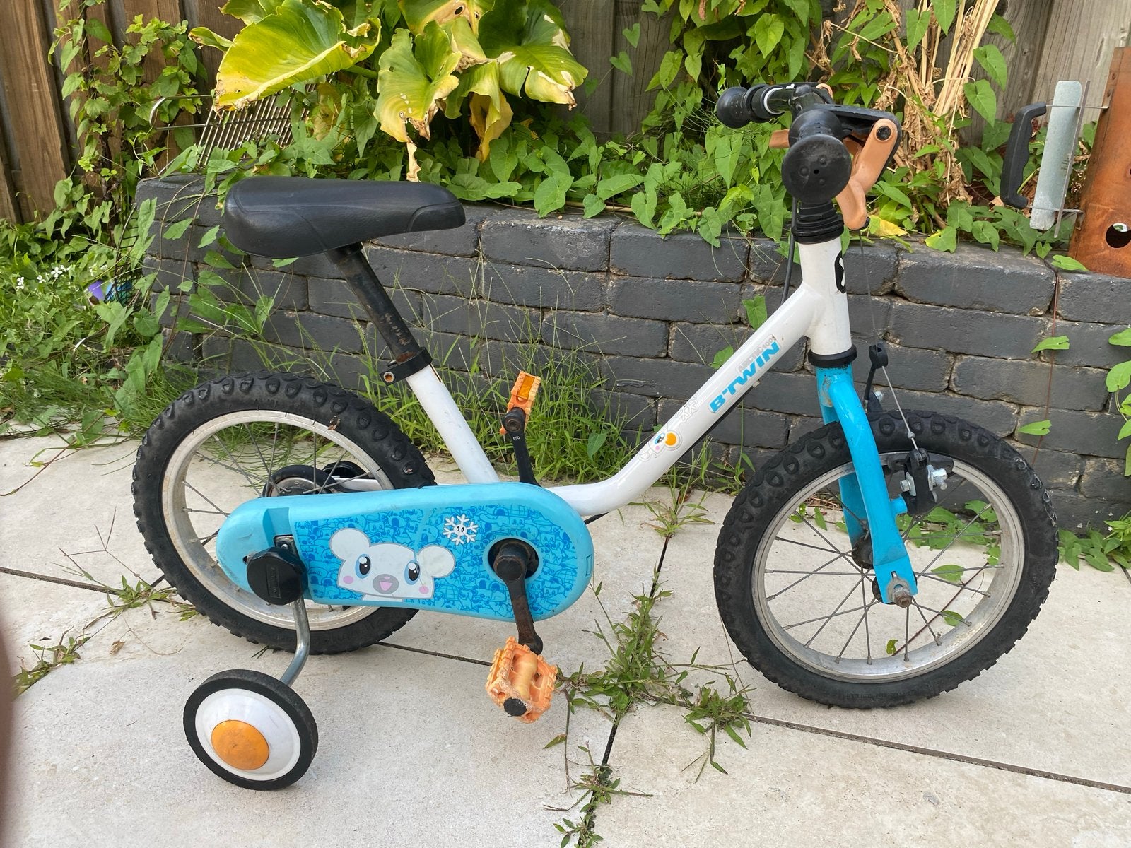 B'Twin kinderfiets 14 inch met zijwieltjes, Ophalen, Zijwieltjes, Velgrem, 16 tot 20 inch
