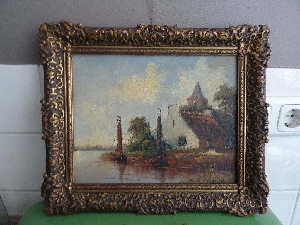 Oud schilderij waterlandschap met boerderij en zeilschip, Ophalen, Paneel, Oud hollands, Gesigneerd