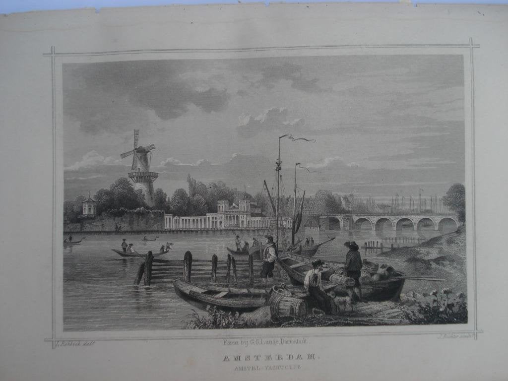020 Amsterdam  Amstel Yacht Club Staalgravure 1860, Antiek en Kunst, Ophalen of Verzenden